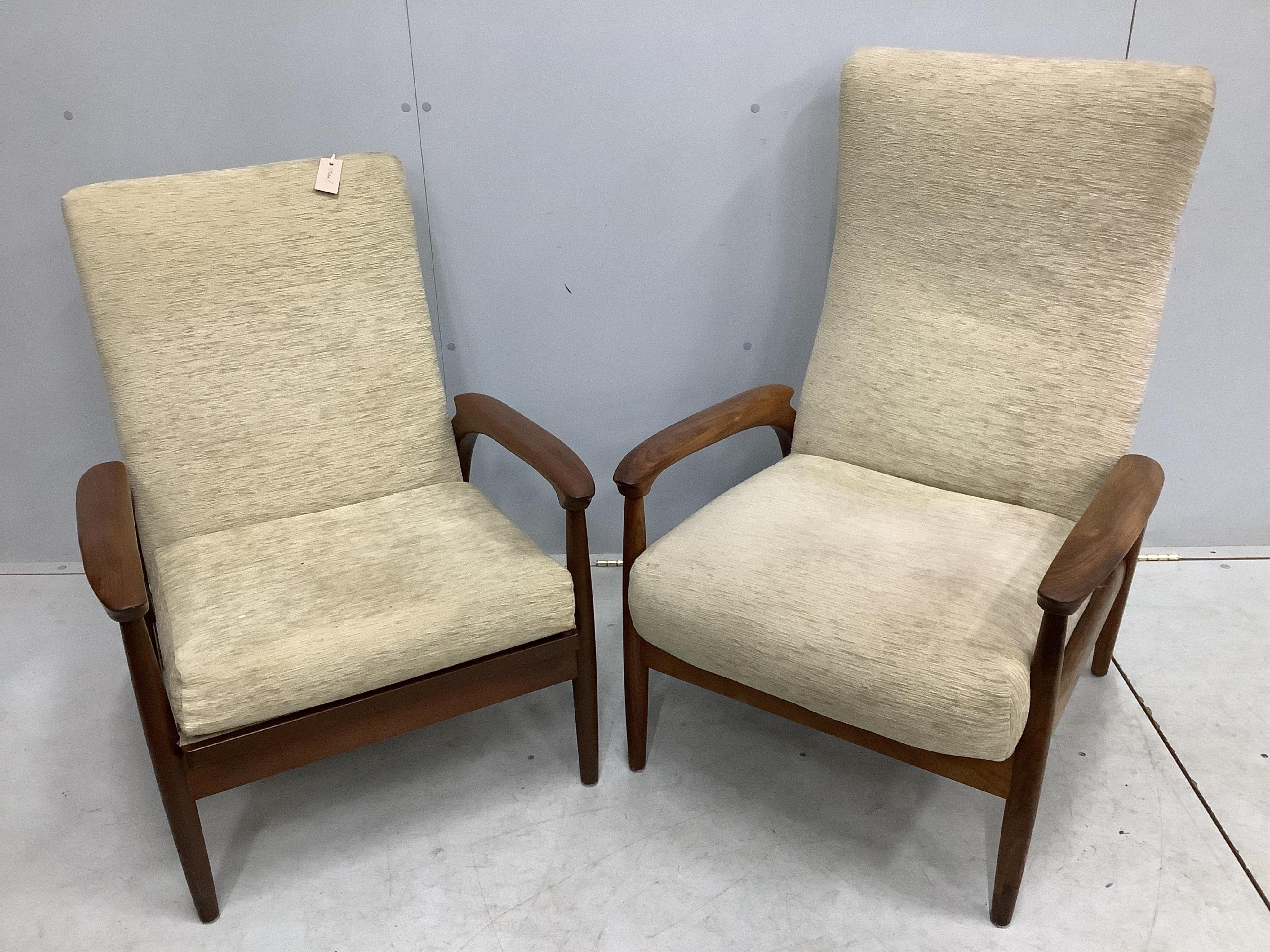 Two mid century armchairs, larger width 66cm, depth 62cm, height 99cm. Condition - fair to good